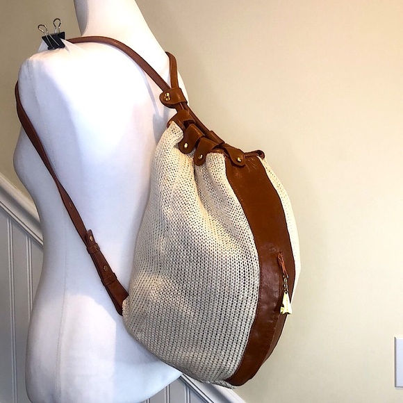 SHARIF AMERICANA Knit Leather Accent Drawstring Bucket Backpack Sling Bag - Picture 3 of 17